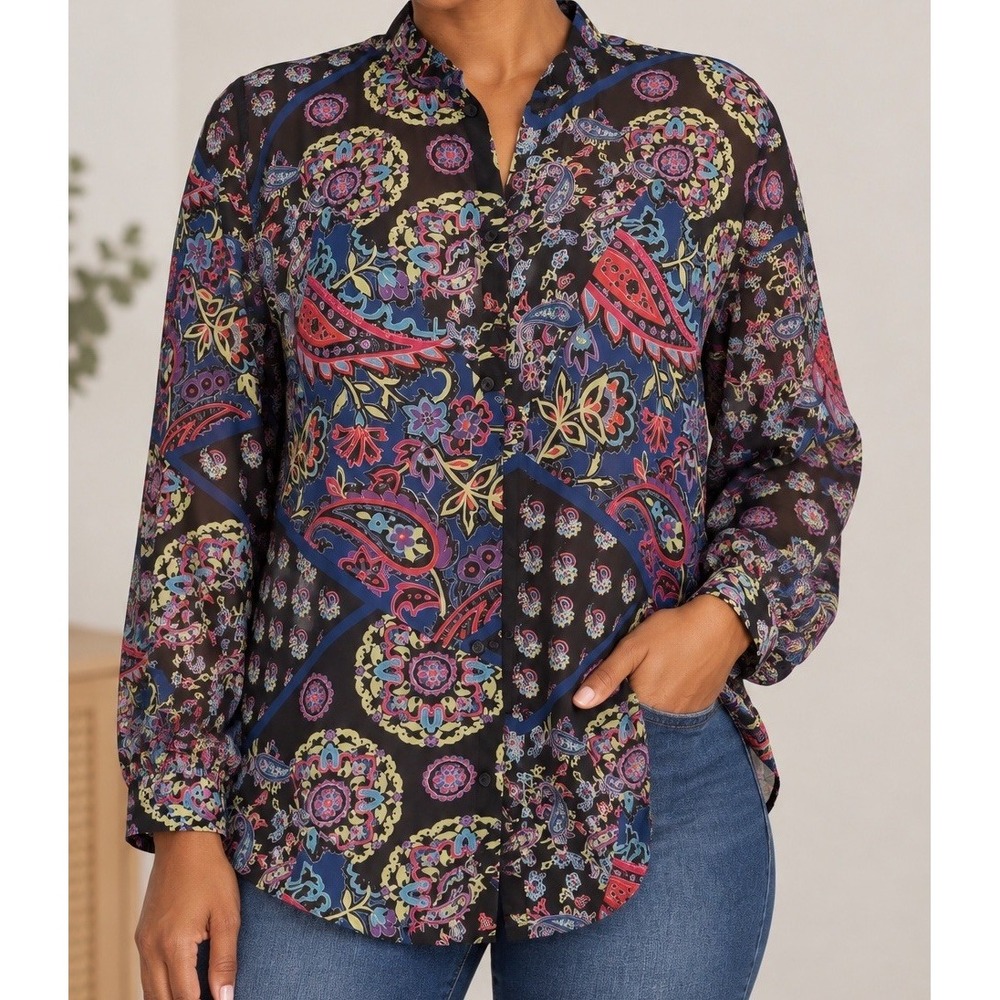White Stag Womens 90s Vtg Paisley Button Up Long Sleeve Blouse Sz XL Black Sheer